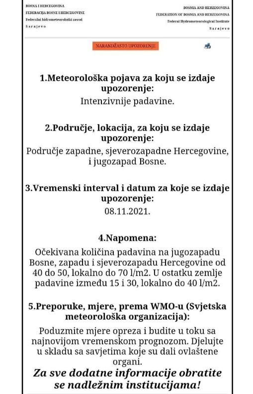 Federalni hidrometeorološki zavod izdao upozorenje - Avaz