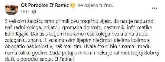 Objava OŠ “Porodice ef. Ramić” na Facebooku - Avaz