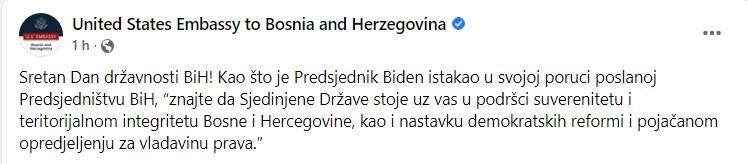 Objava Ambasade SAD u BiH na Facebooku - Avaz