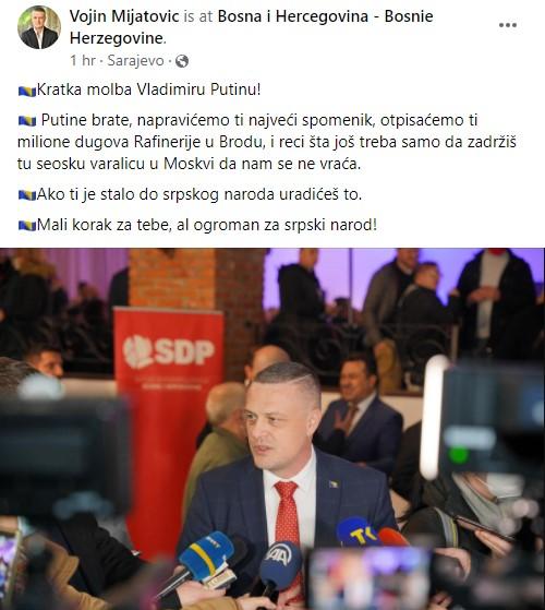 Objava Mijatovića na Facebook-u - Avaz