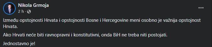 Objava Nikole Grmoje na Facebooku - Avaz