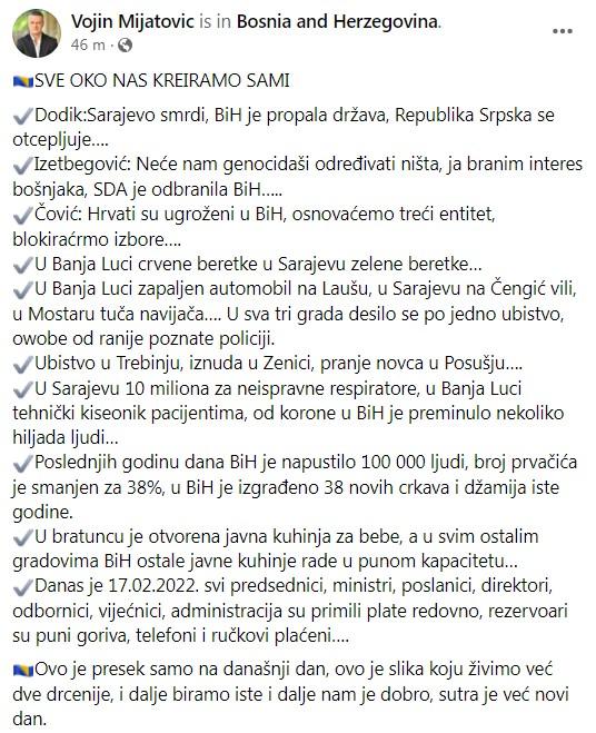 Objava Mijatovića na Facebooku - Avaz