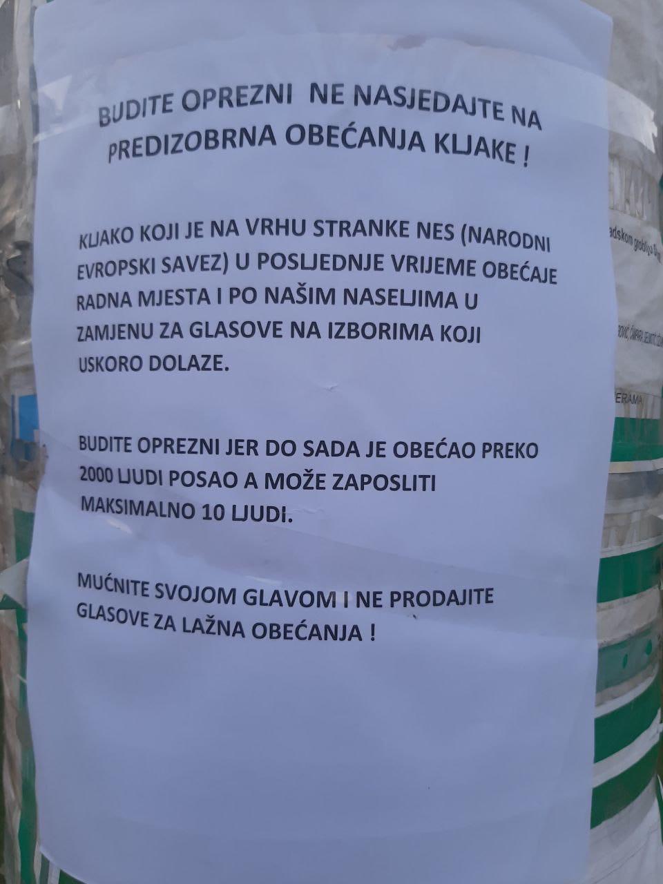 U letku se tvrdi da Kljako koji je na vrhu stranke NES daje obećanja za radna mjesta i hoda po naseljima u zamjenu za glasove na izborima - Avaz