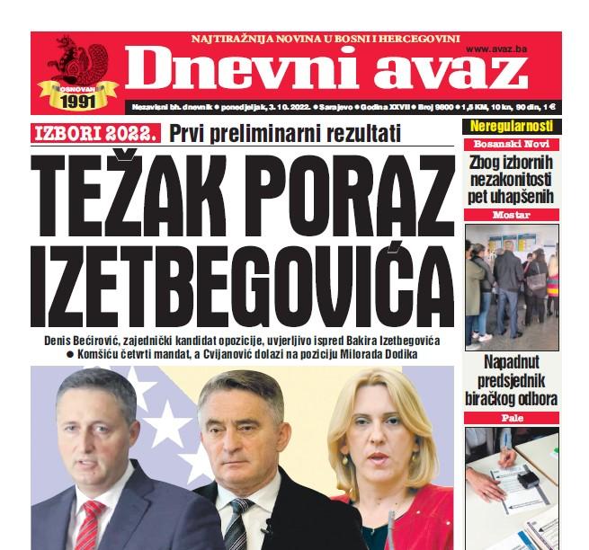 Danas u "Dnevnom avazu" čitajte: Težak poraz Izetbegovića