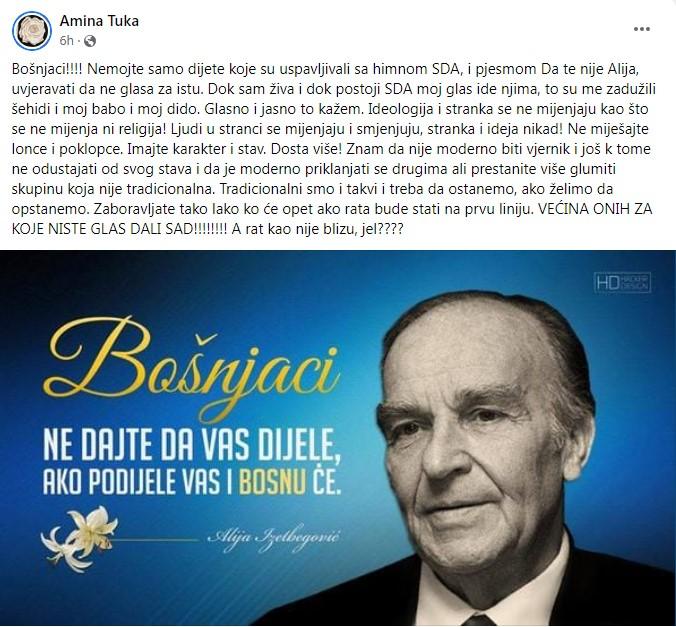 Objava Amine Tuke na Facebooku - Avaz