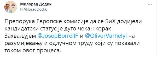 Dodikova objava na Twitteru - Avaz