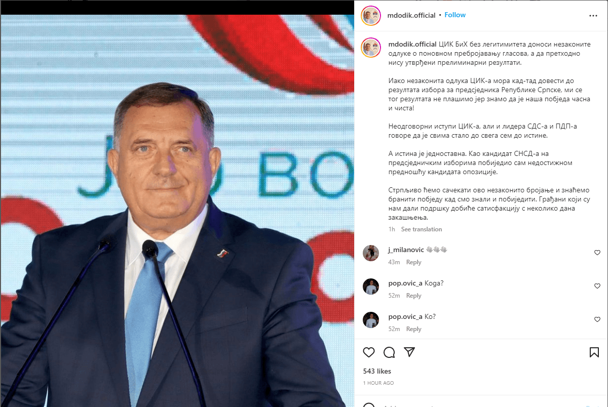 Objava Milorada Dodika na Instagramu - Avaz