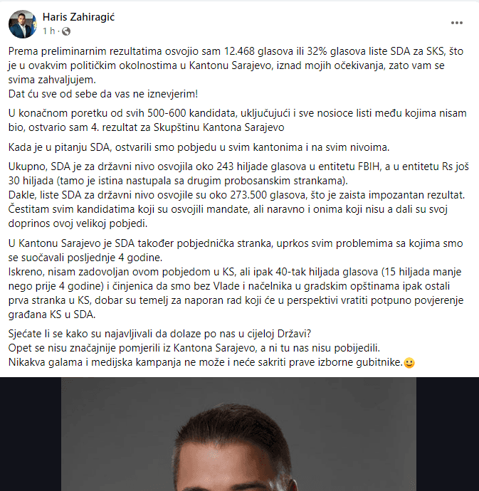 Facebook status Harisa Zahiragića - Avaz