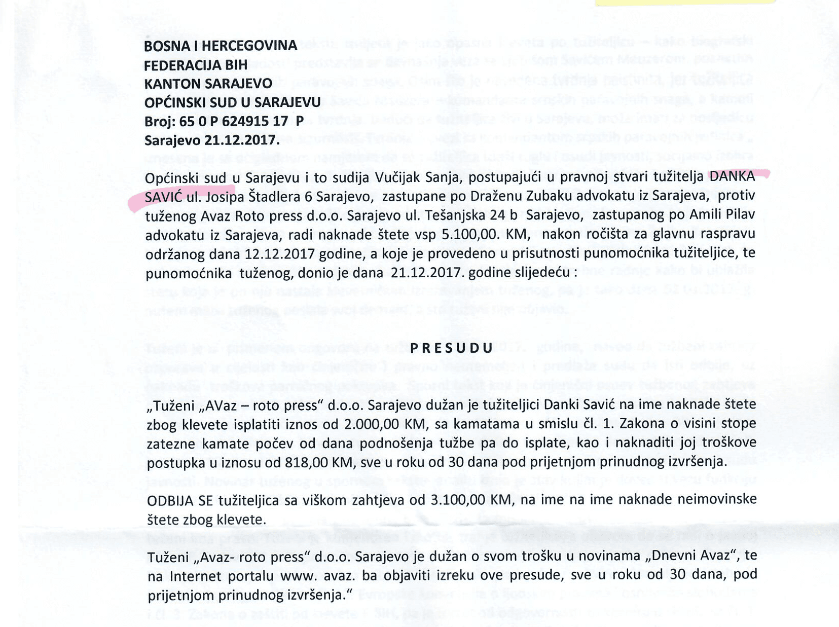 Po nalogu Općinskog suda objavljujemo presudu