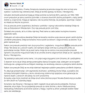 Facebook status Nermina Nikšića - Avaz