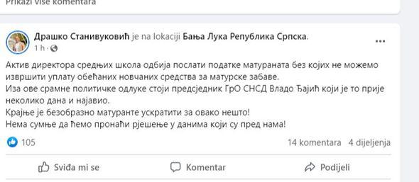 Facebook status Draška Stanivukovića - Avaz